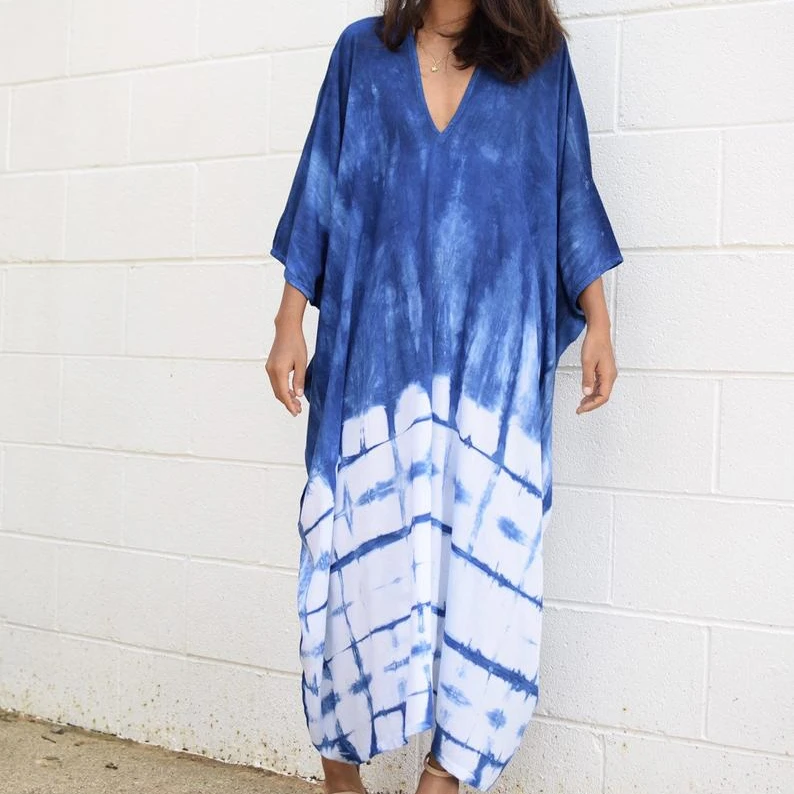 
Luxury Beach Indian Handmade Tie Dye Long Maxi Dress Women Casual One Size Batik Printed Cover Up Evening Beach Party Maxi Dress 