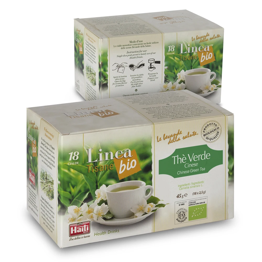 Органический зеленый чай в биоразлагаемых бумажных подставках, упакованный в защитную атмосферу в коробке с 18 подставками