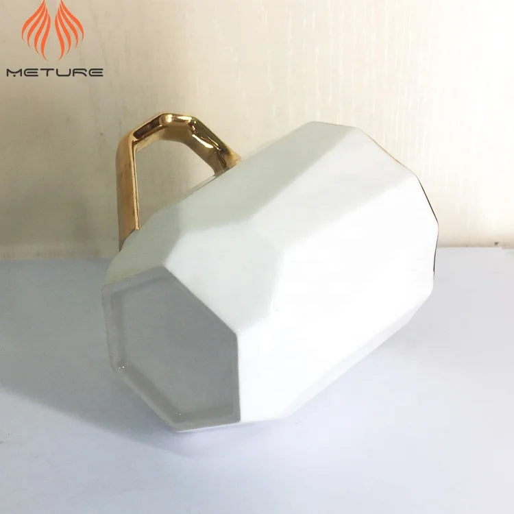 Custom printing gold logo WHITE ceramic mug coffee cup with LID,gold handle,gold top