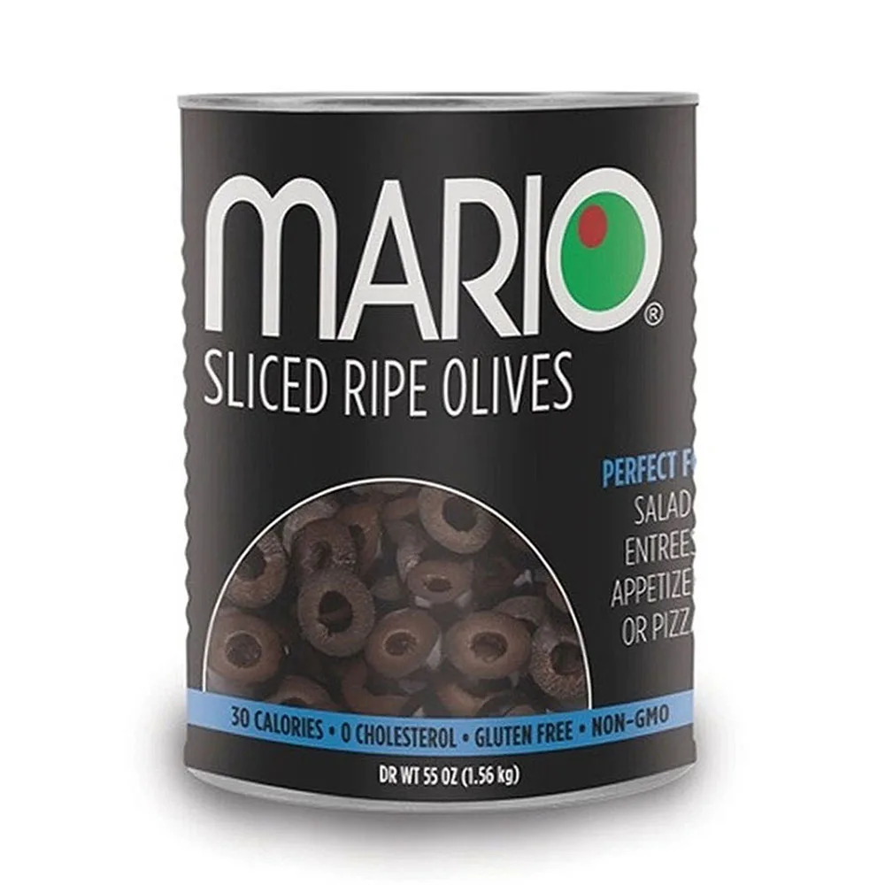Mario Camacho Slice Ripe Olives 55oz Jar, Unmistakable, Delicious, Bold Flavor Premium Quality Pitted Black Olives