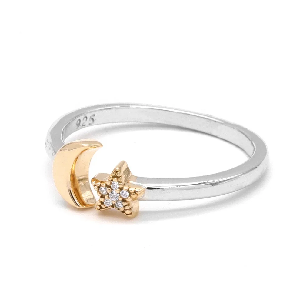 925 Sterling Silver Rhodium Rose Gold Plated Plain Star and Moon Crystal Wedding Open Ring Jewelry for Women