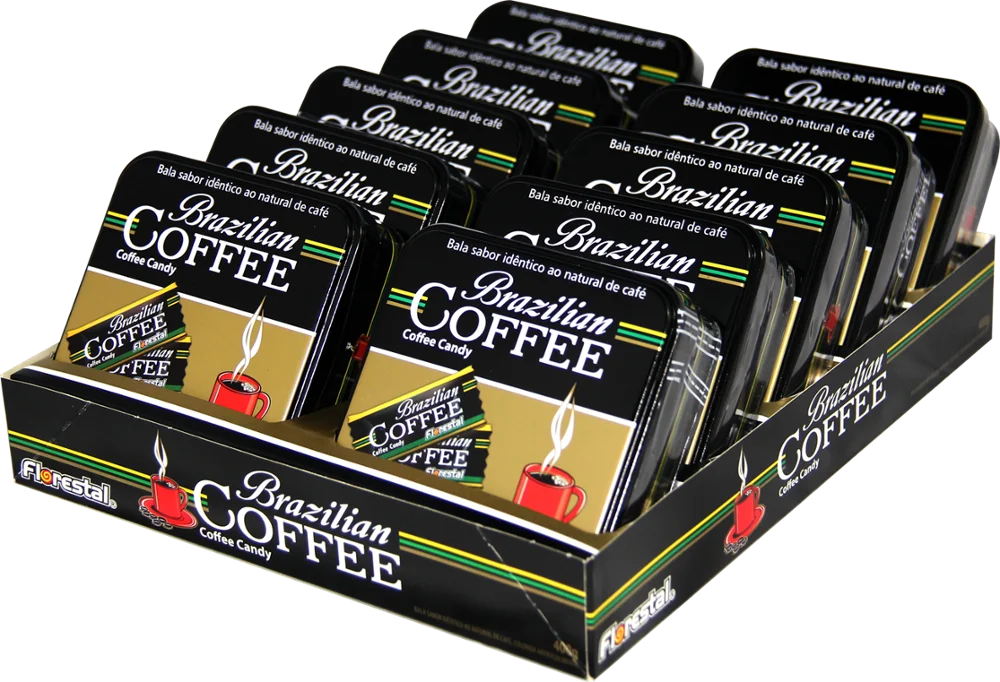 9878 - Brazilian Coffee Hard Candy Flowpack - Tin with 10 units 40g x 4 Displays