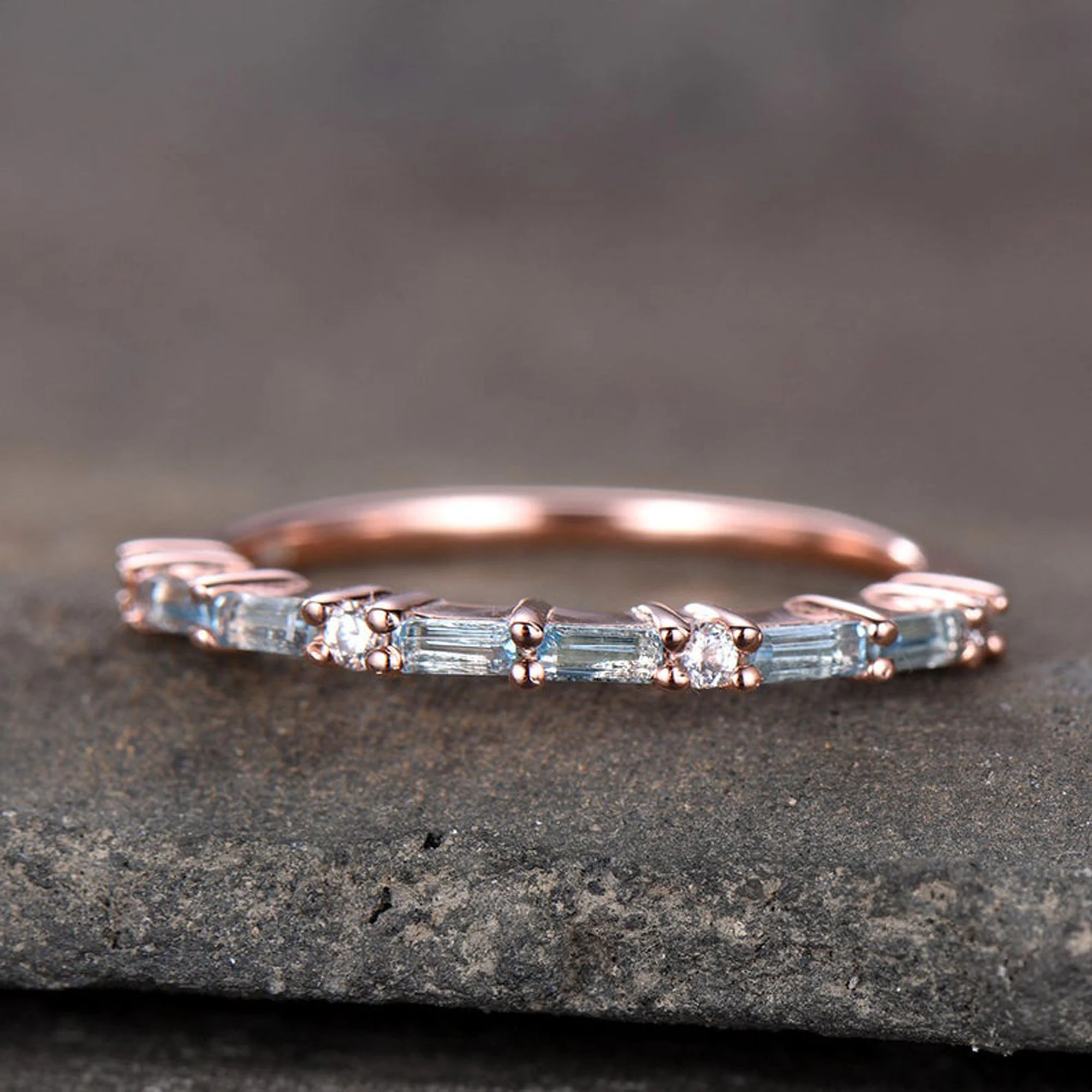 Topaz Wedding Ring Baguette Cut Blue CZ Stacking Band Rose Gold Plated Sterling Silver Anniversary