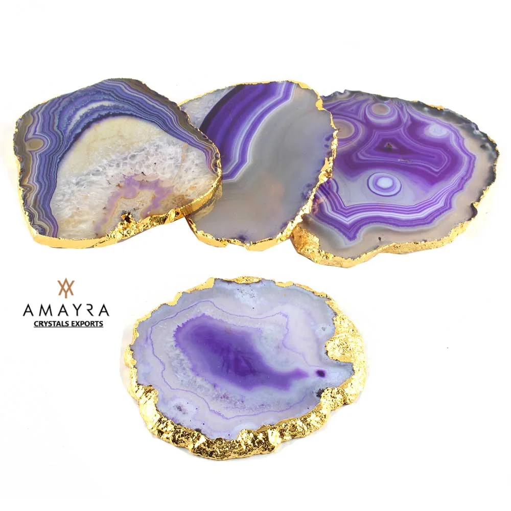 Natural Agate Coasters  | Purple Color Geode Coasters With Golden Plating  |Buy Online From Amayra Crystals Exports
