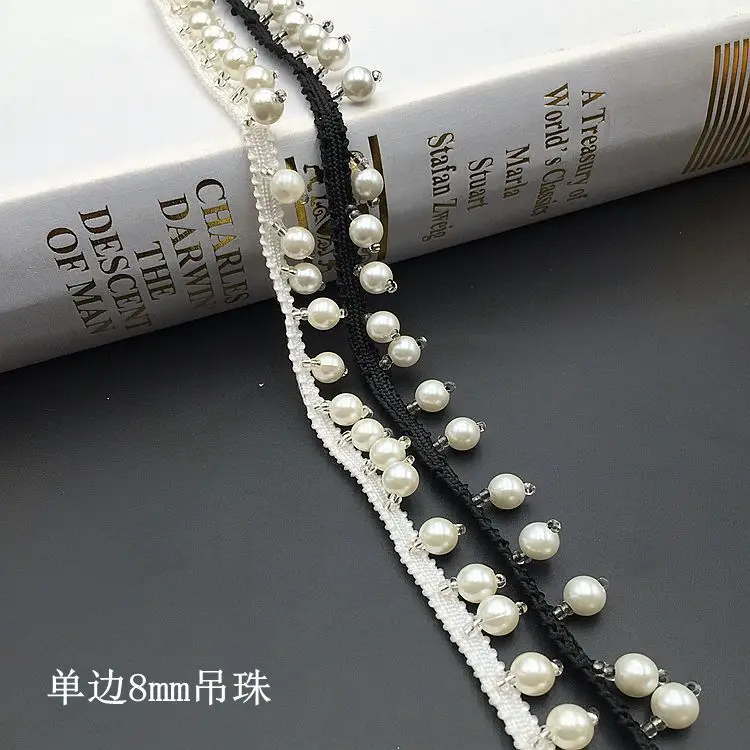 
GUGUTREE Pearl Beaded Lace Edge Trim,beads laces trims Ribbon,Bridal Dress Tassels braid pearls DIY accessory appliques,KZ203266 