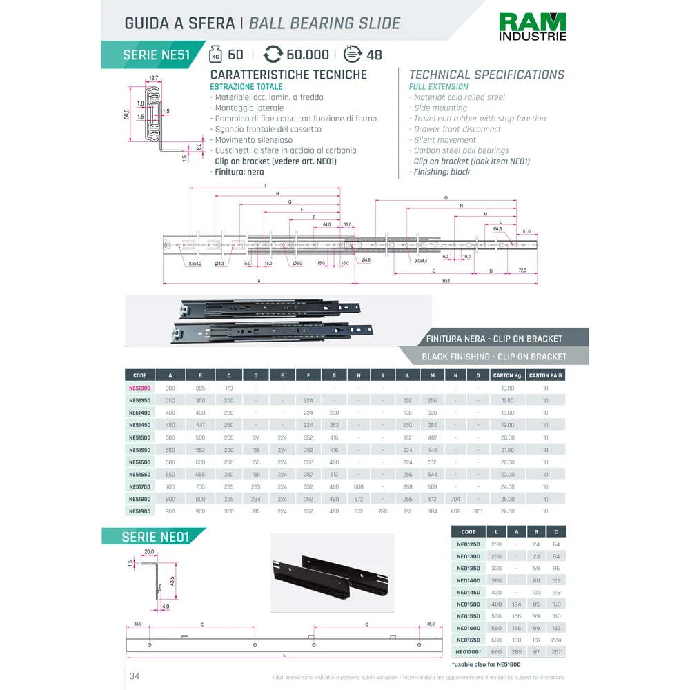 
Telescopic Drawer Slide Black Finish 60 kg SERIE NE51 