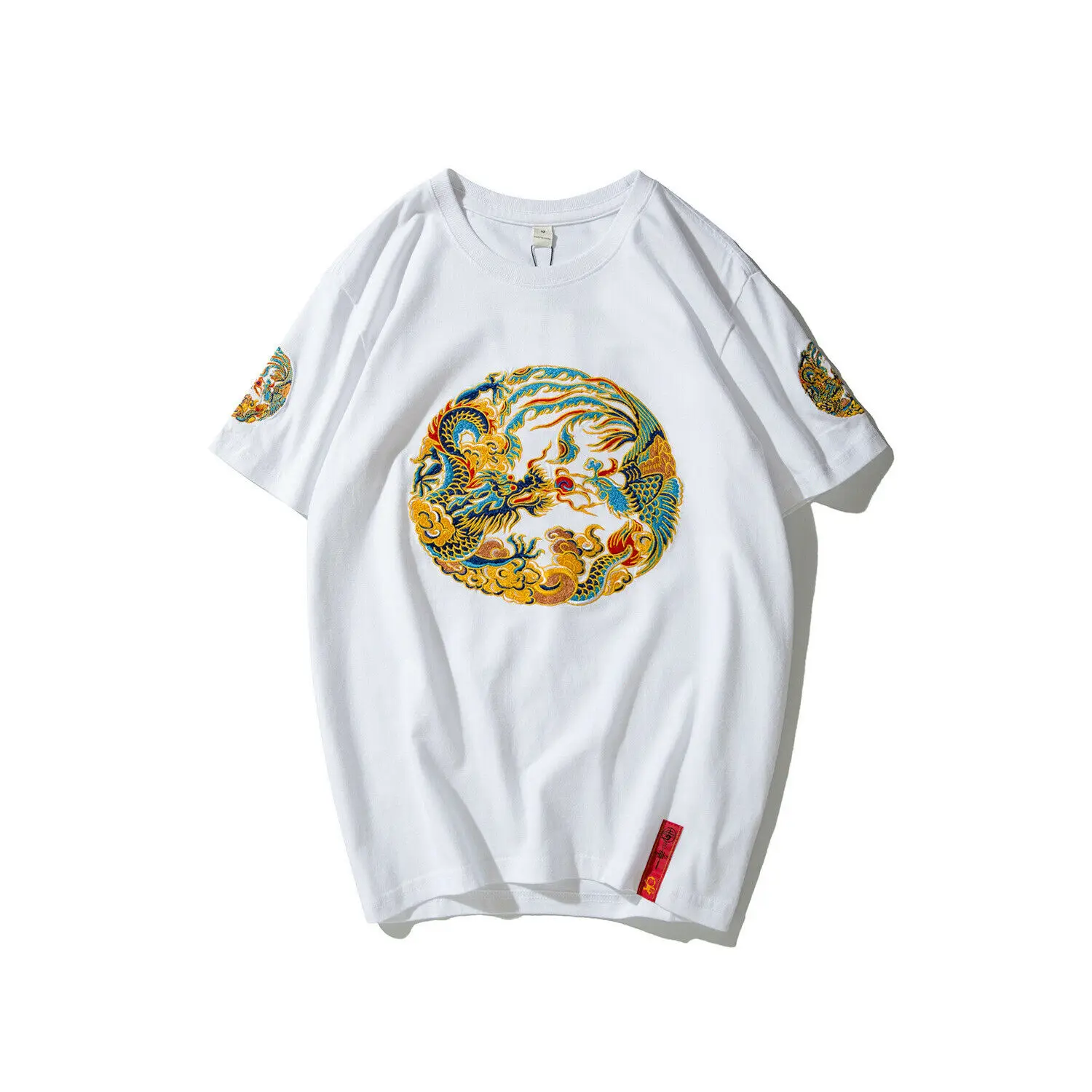 Unisex Men Summer T-Shirt Dragon Robe Embroidery Loose Cotton O-Neck Tops