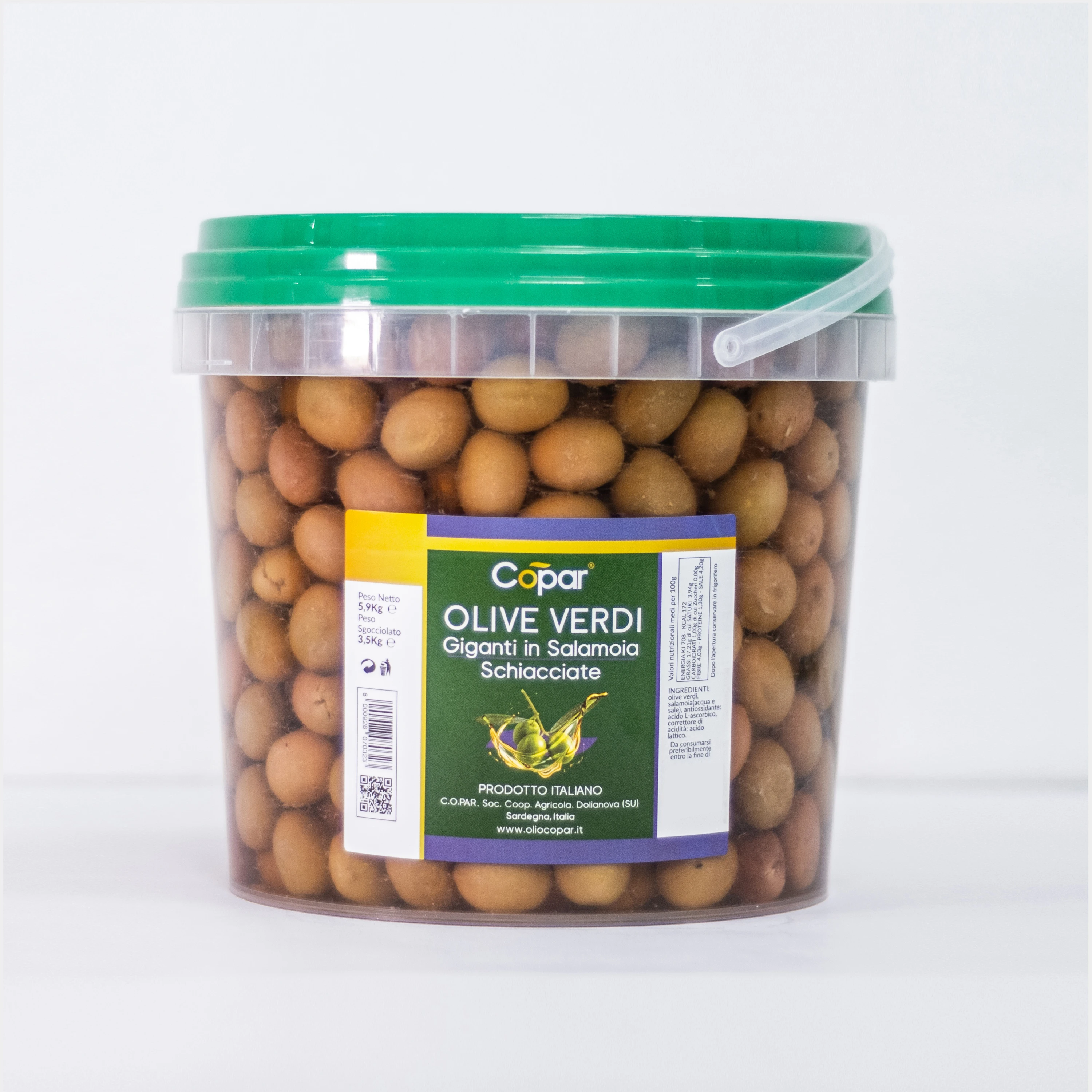 Premium quality Italian Giant crushed green olives in brine 3,5 kg plastic jar  cooking and export