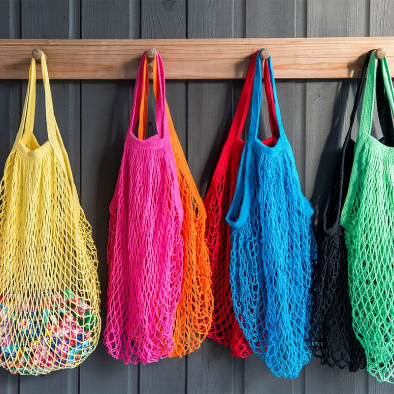 Various Colors Eco Friendly String Net mesh filt french style folding market shopping trendy hanging christmas fruit tote bags