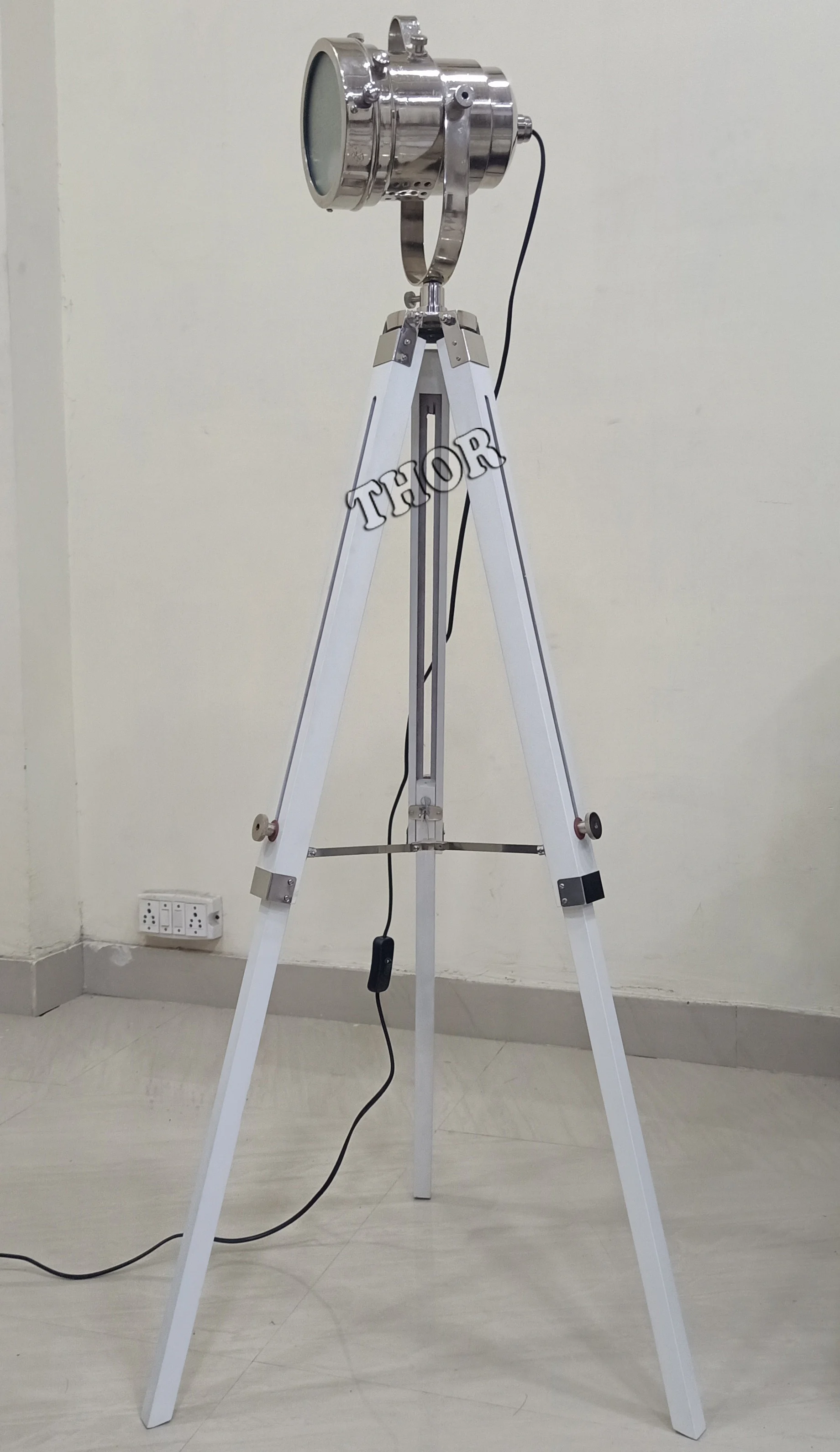 Floor Lamp ~ Nickel Plated Floor Spotlight with White Wooden Tripod Stand ~ Collectible Indoor Decor Light Floor Lamp