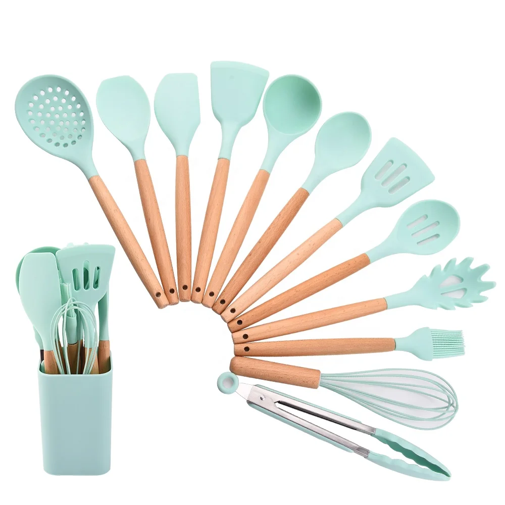 
Top selling high quality 13pcs silicone utensil set with beech wood handle with utensil holder 