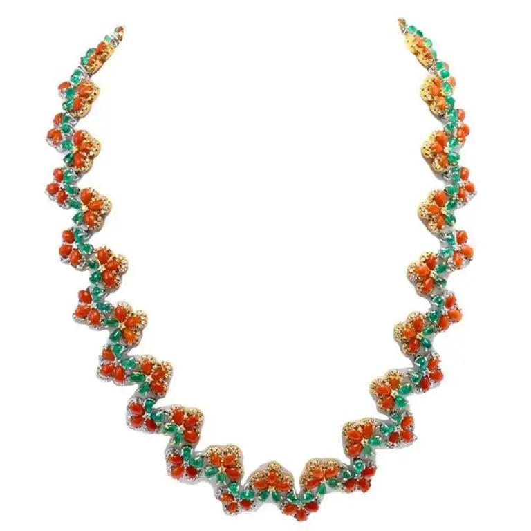 
Made in Italy Handcrafted Link Necklace Diamonds Emeralds Coral 18 Karat White and Rose Gold 