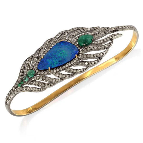Natural Opal & Pave Emerald Diamond Peacock Feather Palm Bracelet In 18k Gold 925 Sterling Silver Jewelry