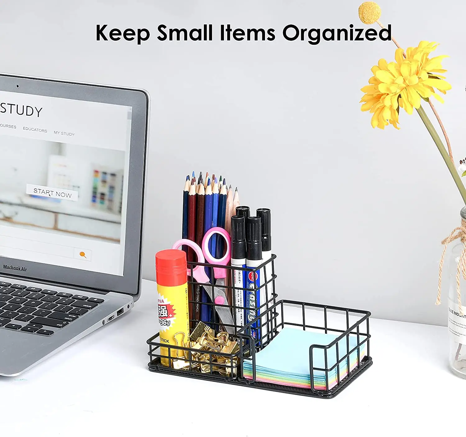 Cute Pen Pencil Holder, Mesh Office Supplies Desk Accessories Caddy with Sticky Notes Holder, Desk Organizer for Home Office and