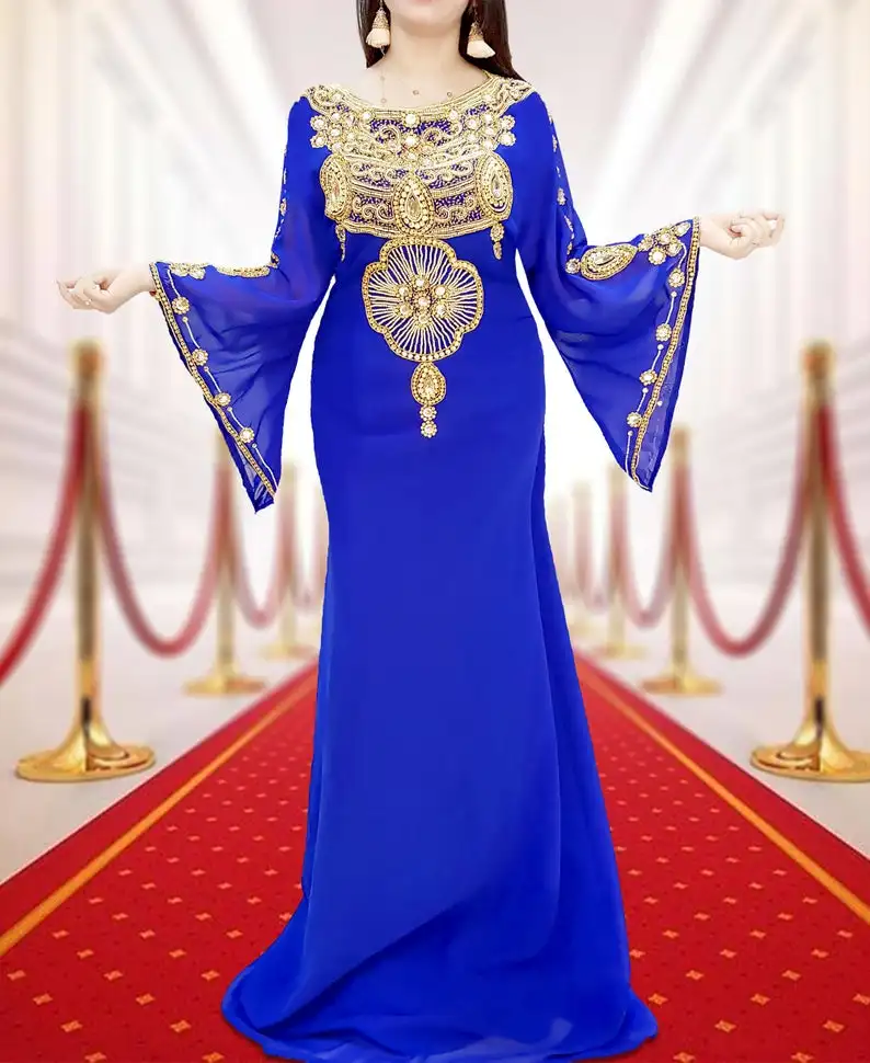 Stylish muslim Black Color Moroccan Kaftan 100% Georgette handmade crystal work wedding kaftan dubai farasha kaftan abhaya