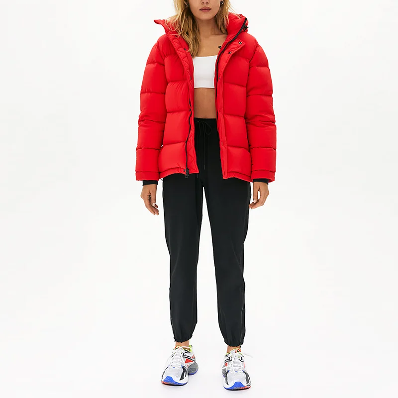 New Arrival Winter Red Down Waterproof Hooded Puffer Quilted Jacket Women Casual Warm Coat