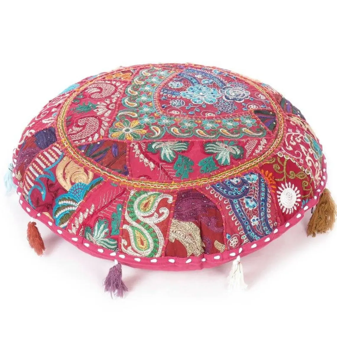 Indian Textile Wholesale 100% Cotton Handmade Patchwork Bohemian Round Zafu Pouf Vintage Embroidered Floor Pillow Cushion Cover
