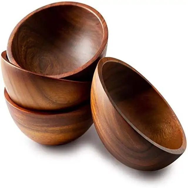 Acacia Wooden Salad Serving Bowls, Cereal, or Soup - Hand Made from a Single Organic Piece of Acacia Wood, Food Safe