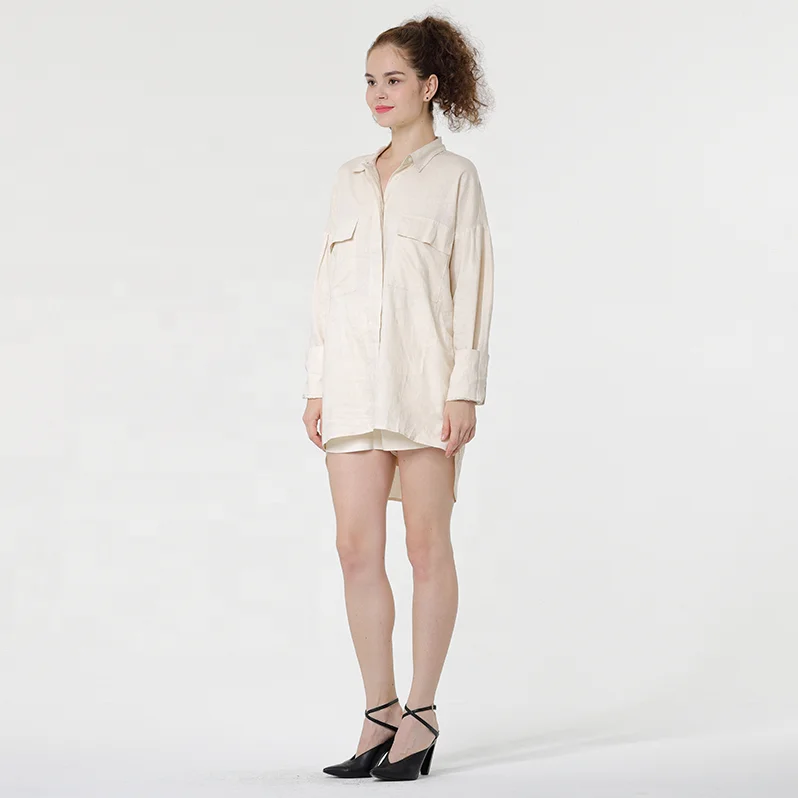 2021 Korea Spring Large Size Loose Dress Casual Ladies Cotton Linen Long Sleeve Dress Shirt Women