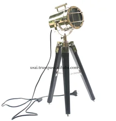 PREMIUM QUALITY NICKEL PLATED SEARCHLIGHT ON WOODEN BLACK TRIPOD STAND ~ NAUTICAL SPOTLIGHT LAMP ON STAND