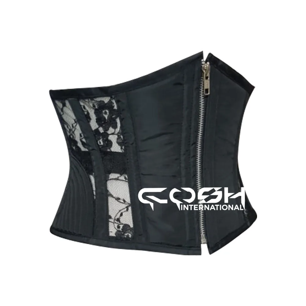 Under Bust Steel Boned Black Satin With Side Mesh And Front Zipper Up Corset Bustier Women Waist Cincher Body Shaper Belt Corset
