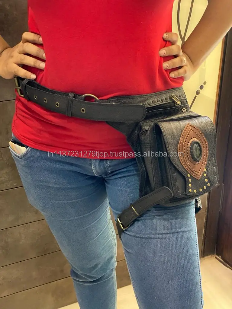 Unisex Motorcycle Hip Pocket Belts Travel Belts Waist Pocket Bum Bags Leather Biker  Belts