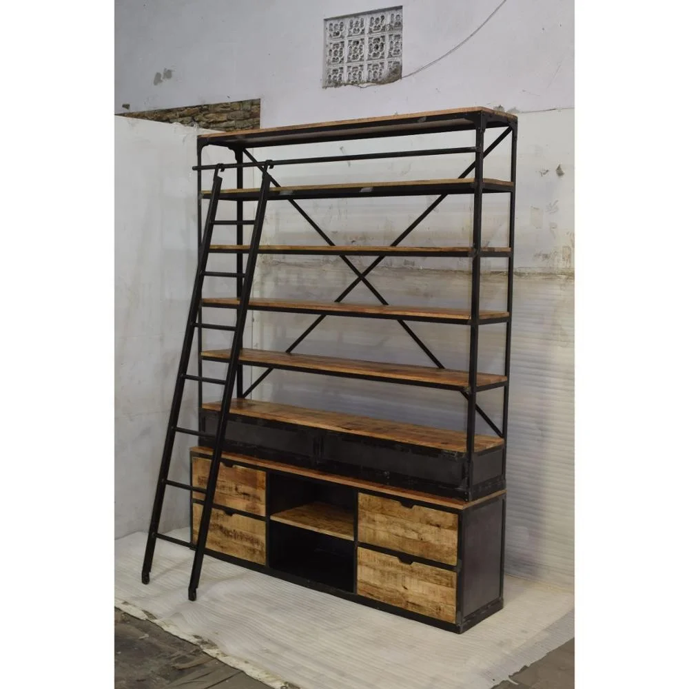 Industrial Antique American Tall Wide Iron Wooden Display Library School Collage Home Living Room BookShelf