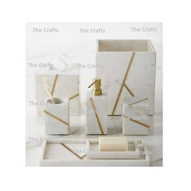 Deluxe Quality Set Of Five Soap Case Tissue Holder Shampoo Holder Bathroom Set In Marble Bathroom Set In Bulk