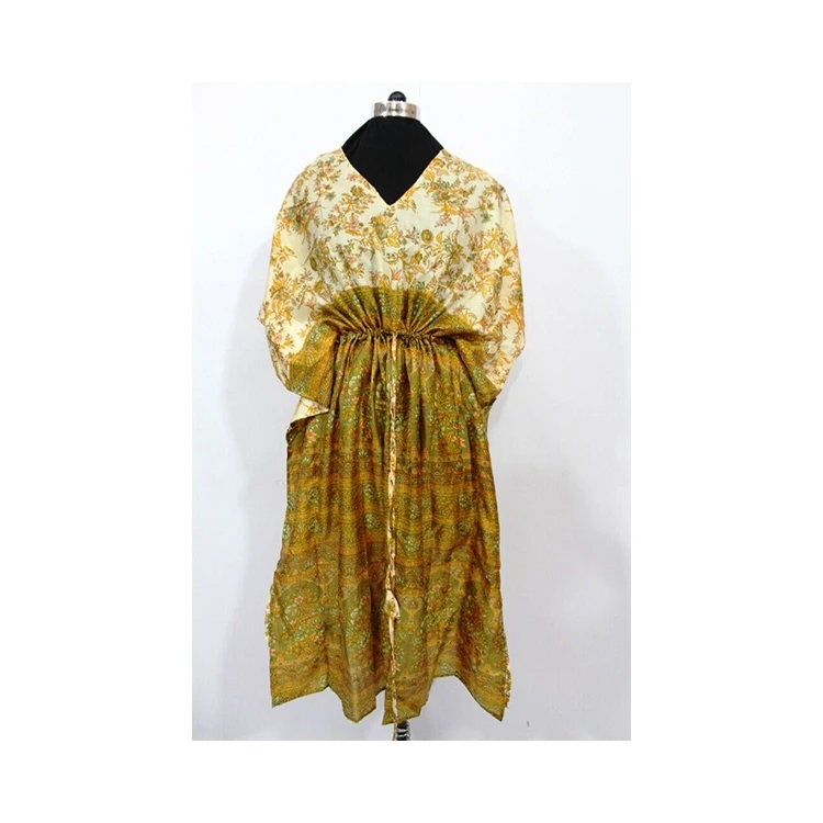Stylish Green Color Floral Printed Design Kaftan with V-neck and Short Sleeves Casual Wear Long Dress for Women and Girls
