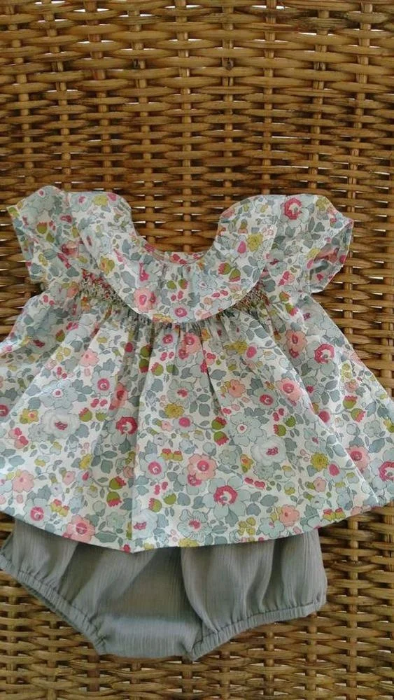 Printed cute Baby Smoked toddle Handmade  Beautiful 2 pcs Set dress - 2023