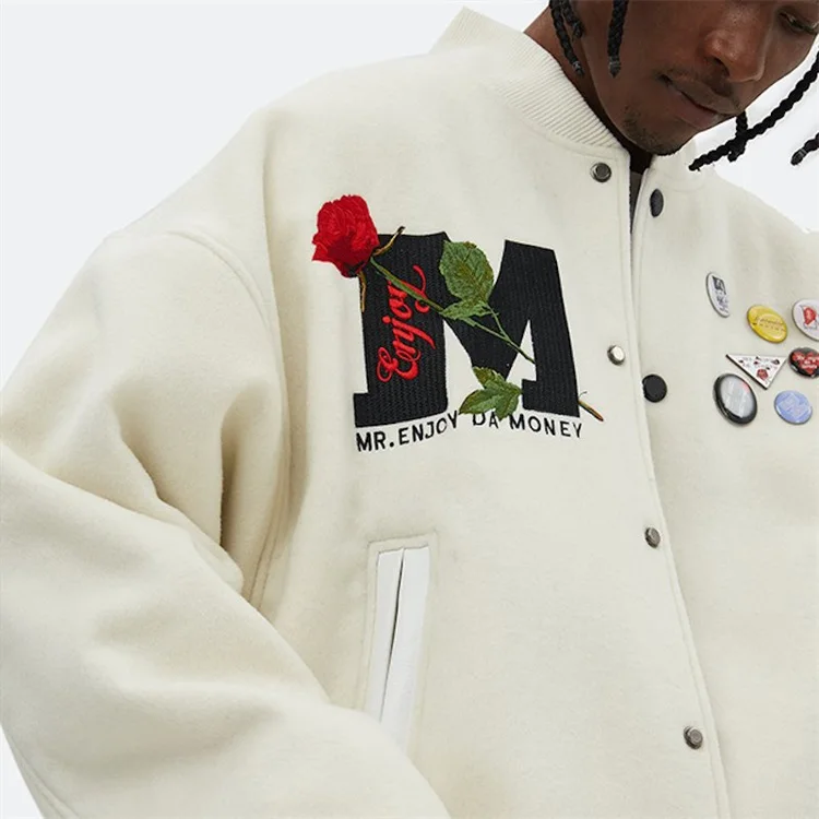 OEM custom winter 100% wool rose embroidery fleece varsity bomber letter jacket for men