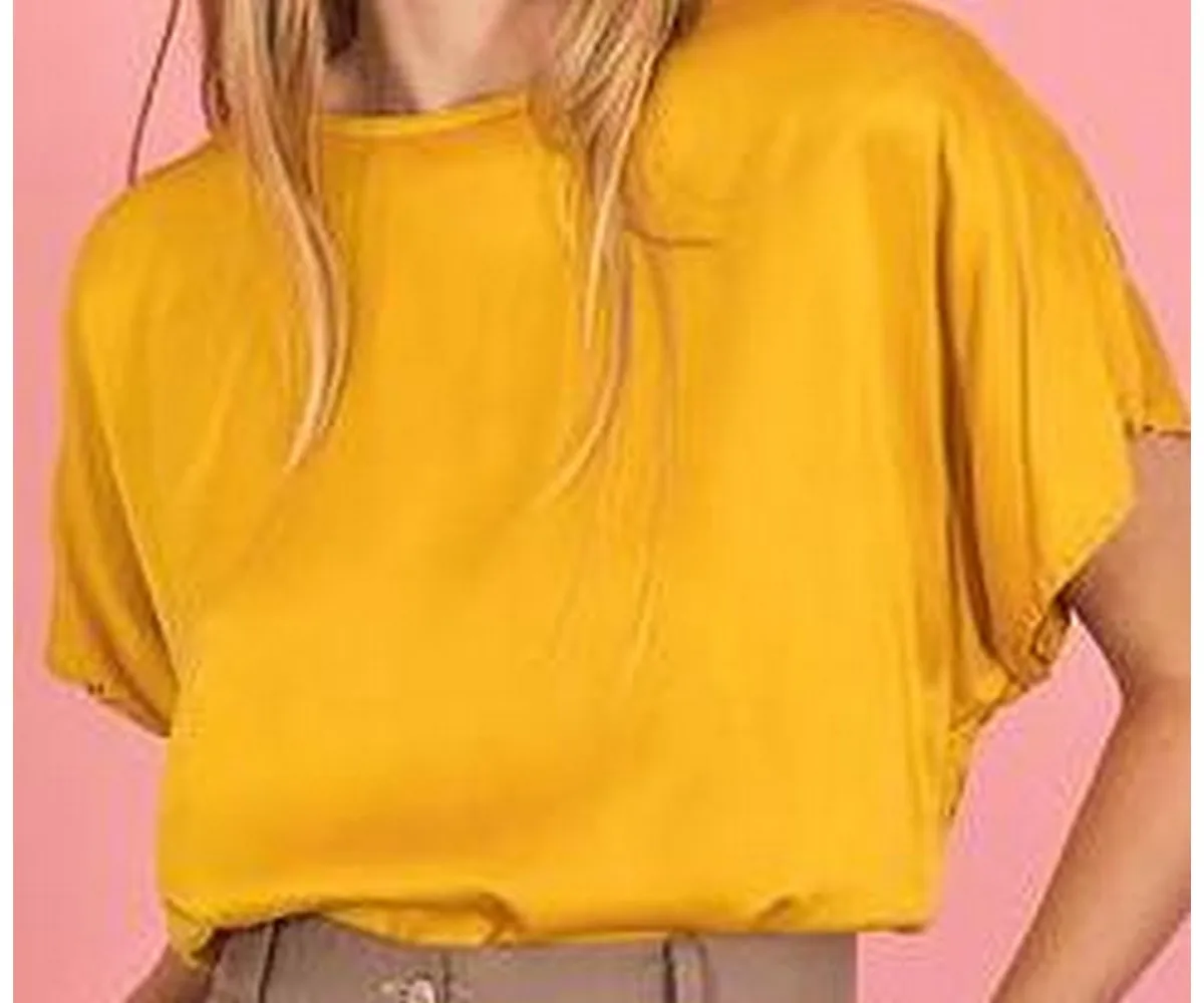 Vintage Style 100%  Bright Yellow Silk Top Short Sleeve Blouse Summer solid color Beautiful new style wholesale fashion long