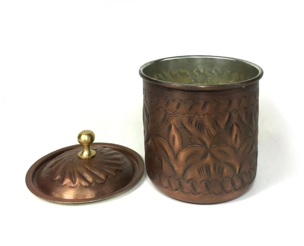 Turkish Handmade Hand Carved Safran Antique Look Copper Spice and Herb Storage, Container, Sugar Bowl