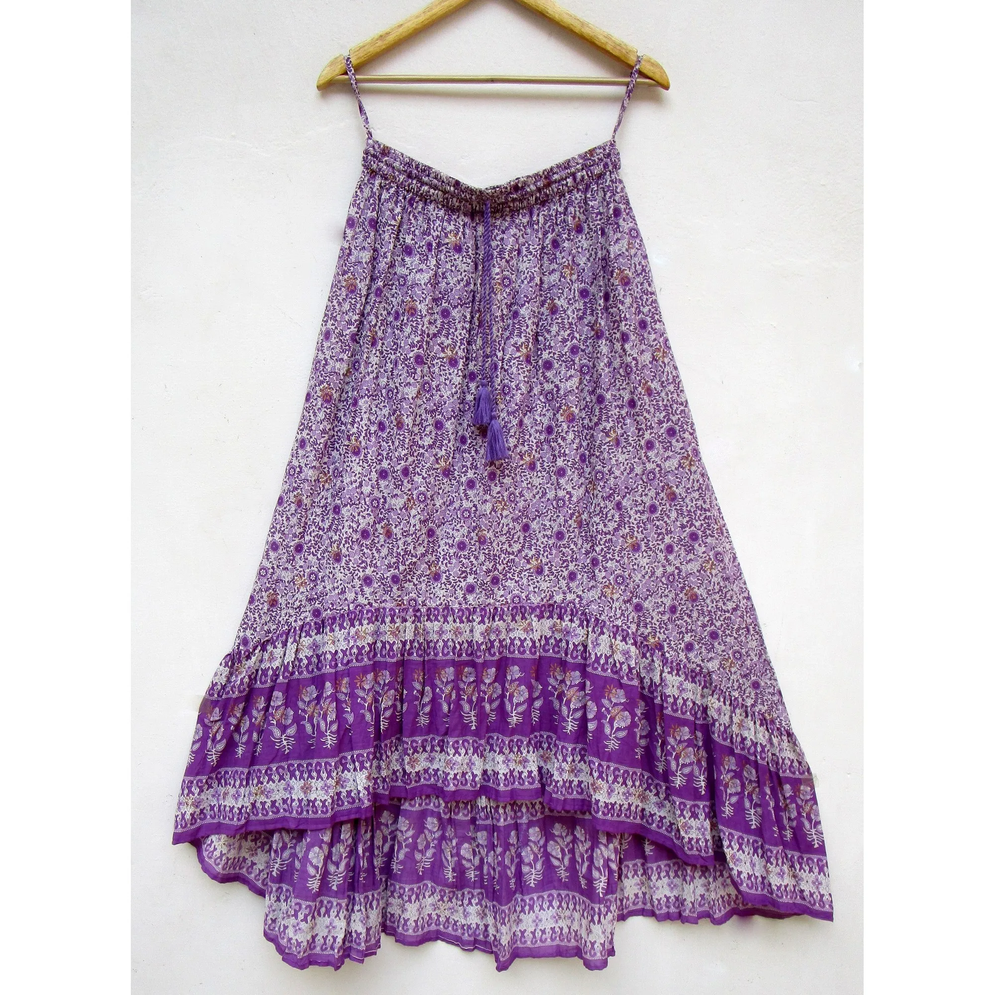 purple floral bottom frill bohemian summer casual long skirt for women