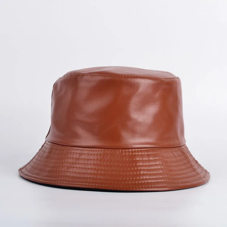 Reversible Hats Women High Fashion Bucket Hats PU  Fashion Fisherman Solid Color custom original leather Caps