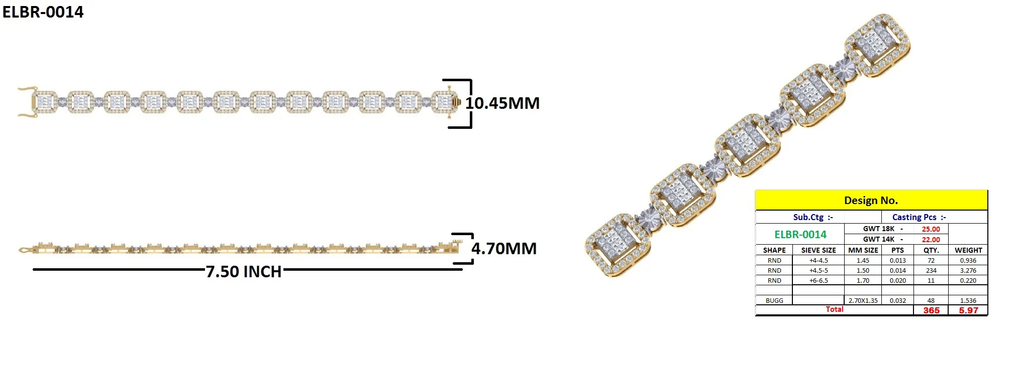14KT baguette Bracelet for women  in SI Diamonds