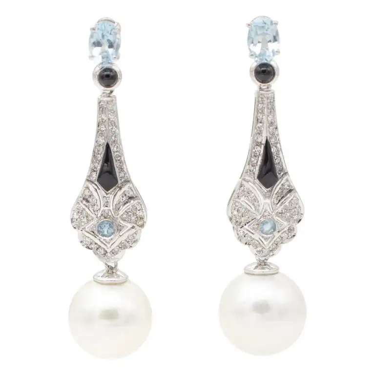 
Made in Italy Platinum, Diamonds, Aquamarines, Onyx and Pearls Dangle/Drop Earrings 