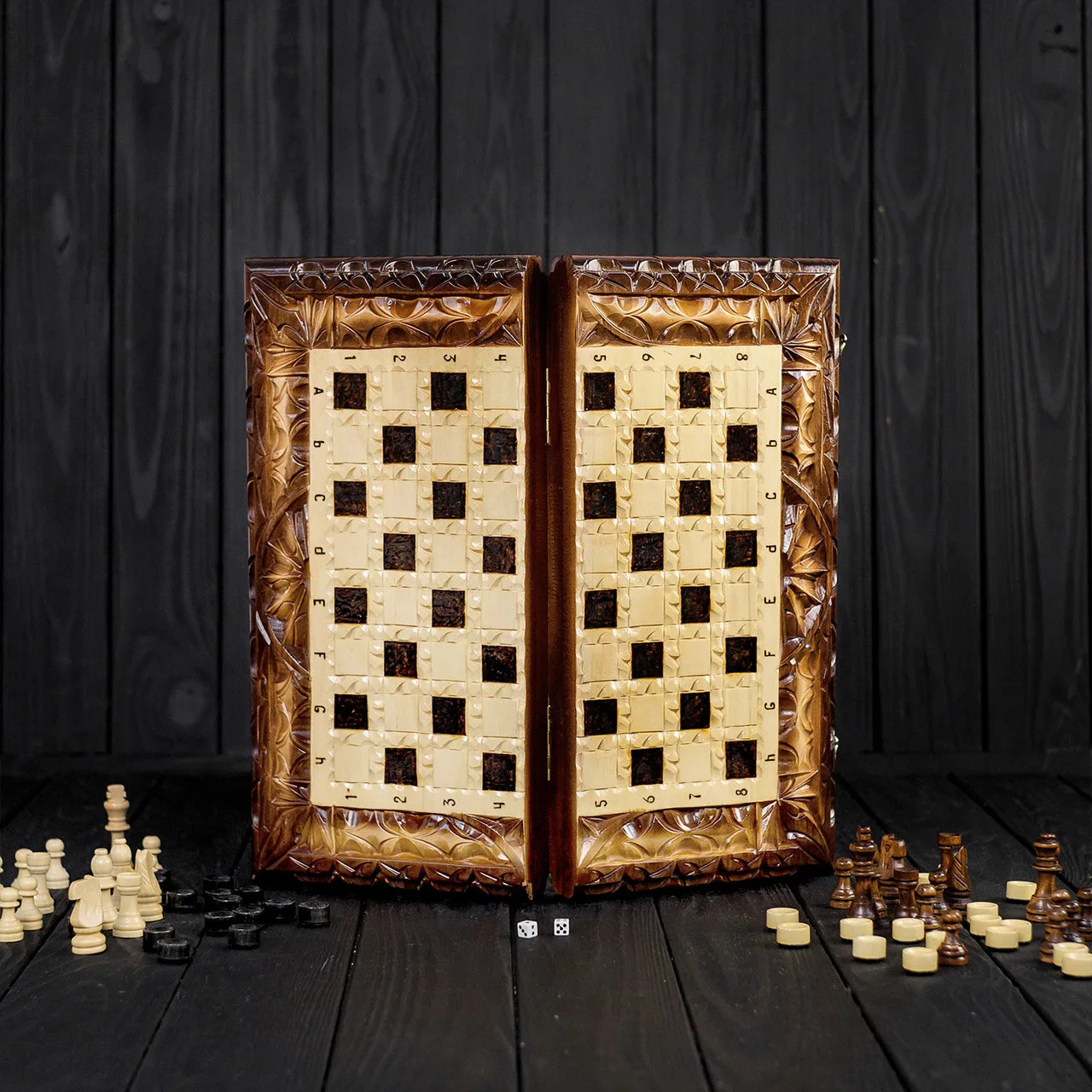 Handmade carved chess, checkers, backgammon 3 in 1 board game