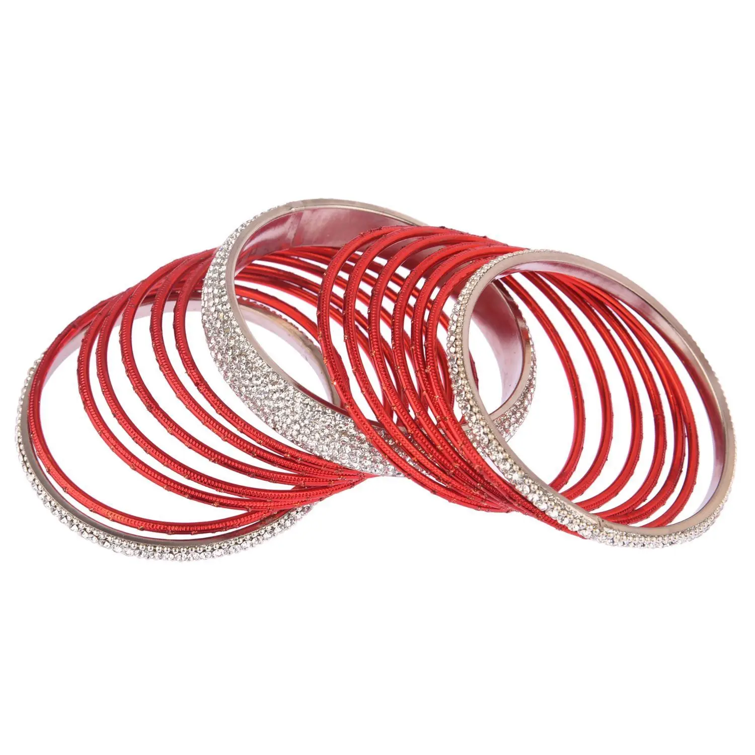 Indian Bangle Set CZ Crystal Glossy Plain Metal Bangle Bracelet Bridal Jewelry Wholesale, Red