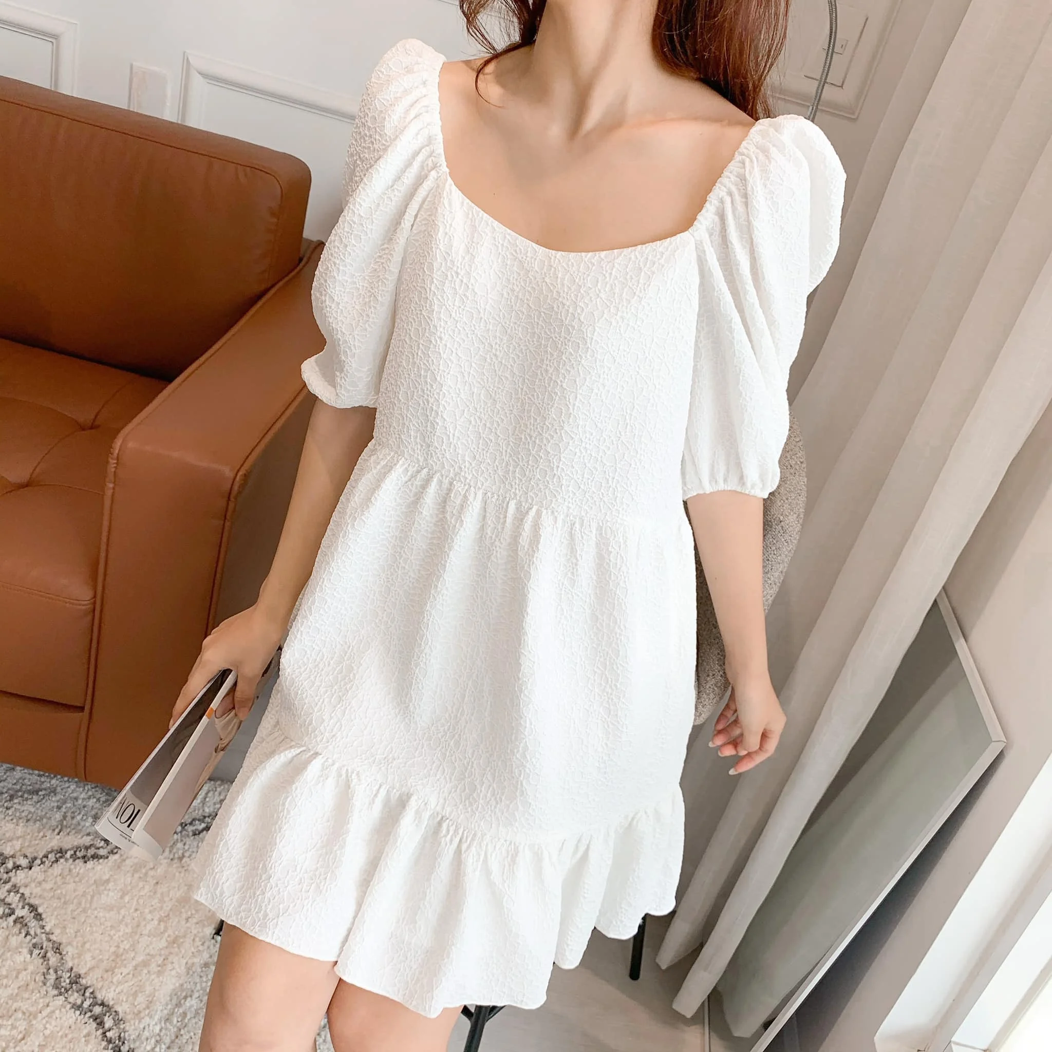 2021Women White Bubble Sleeve Baby doll  Vintage Dresses Female Casual Summer Chiffon Good Quality Dresses