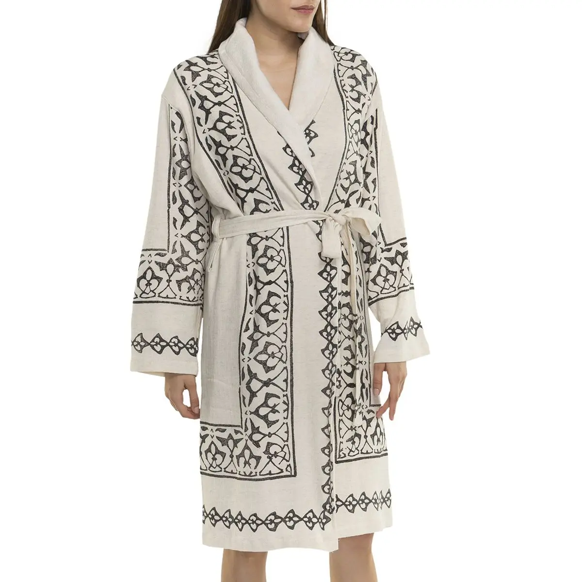 Bathrobe with Terry Lining Hand Printed Cotton High Quality with Towel Lining 70% Organic Cotton 30% Linen