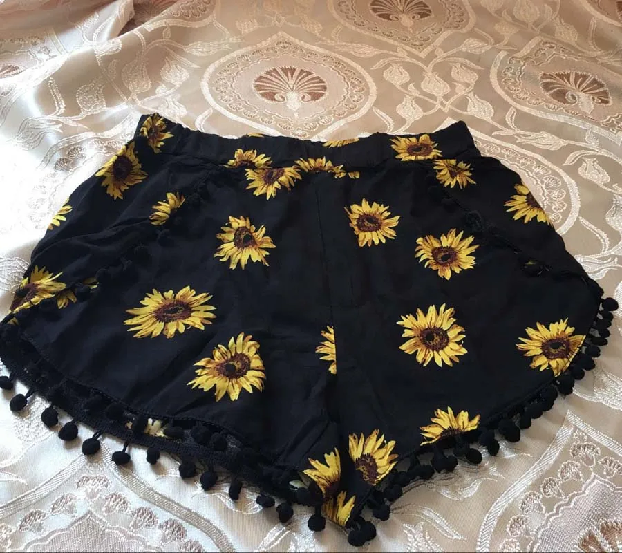 Summer Shorts 2024 Casual Style Women Beach Black Pom Tassel With Ball Sunflower Print Female Short Elastic High Waist Shorts