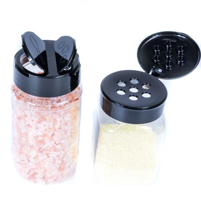 Оптовая продажа, прозрачные пластиковые банки для специй с черной крышкой, контейнеры для специй для хранения барбекю, приправ, соли, перца, блестящий шейкер, бутылка