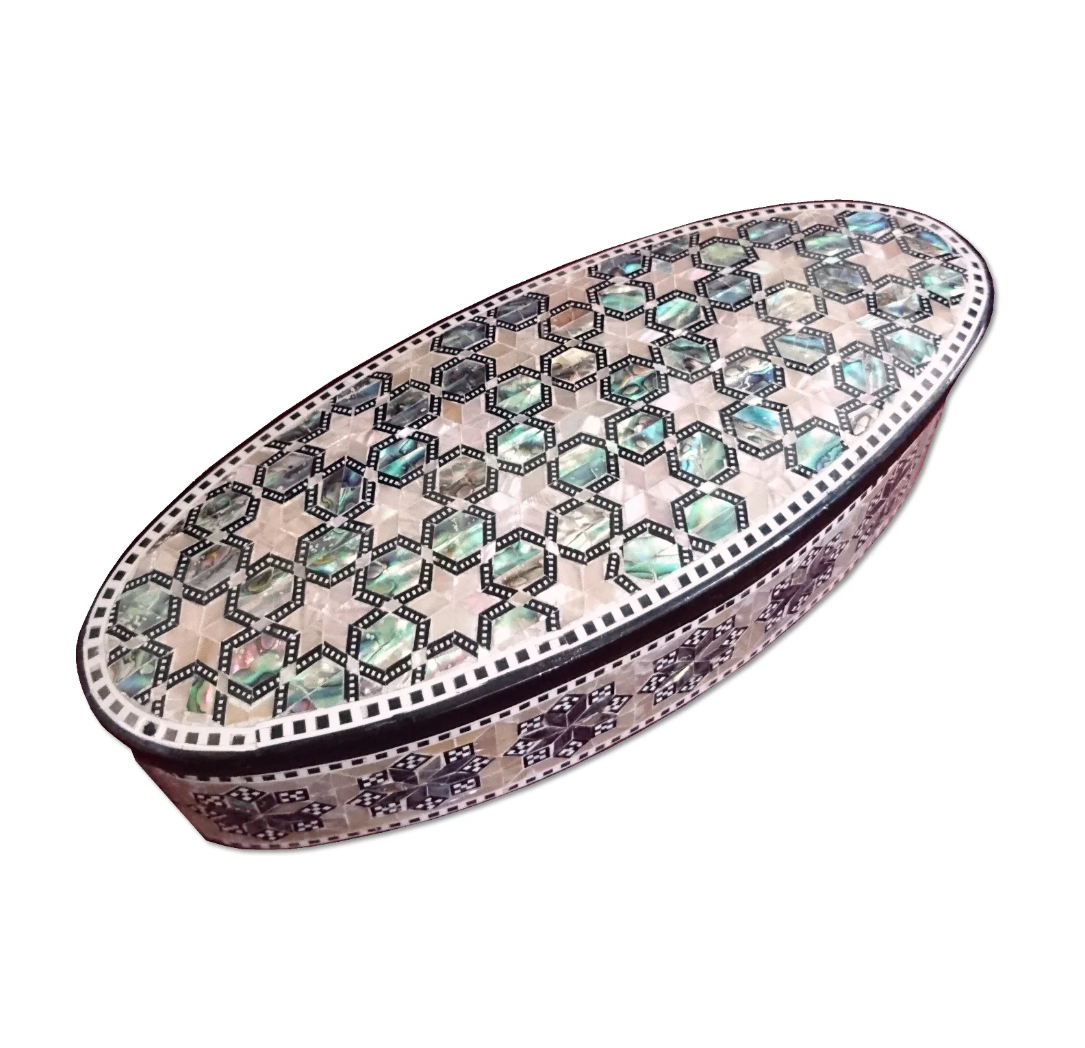 J95 Egyptian Mother Of Pearl Necklace, Earrings, Bracelet, Ring Wood Oval Jewelry Box