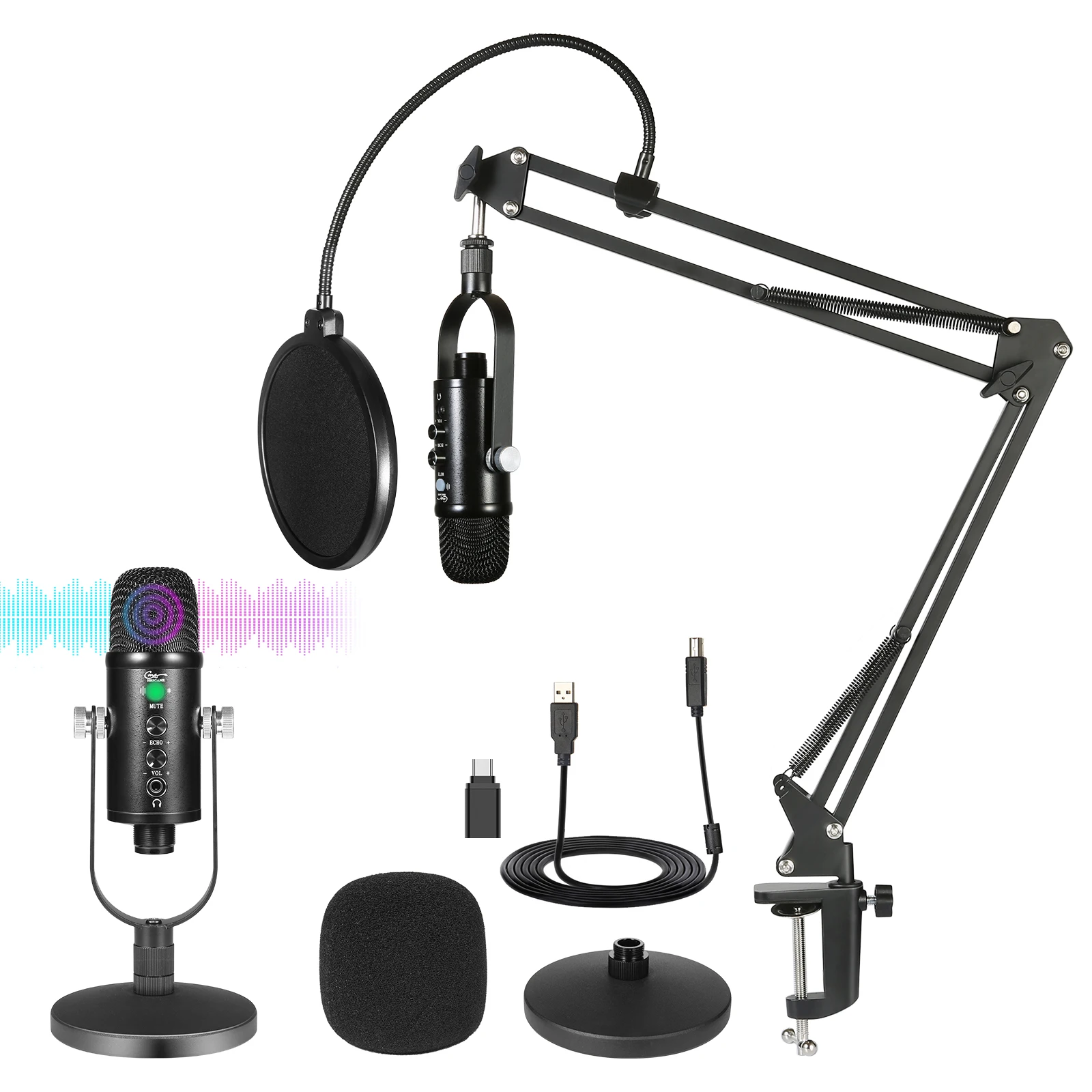
Hricane USB Streaming Microphone Kit Boom Arm Set & Desktop Mic Stand Professional Sound Chipset Microphone Kit 