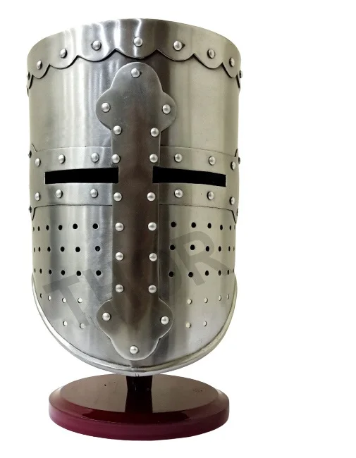 Средневековый Templar Crusader Knight Armor Helmet | Греческий Римский Шлем хромированный полированный средневековый коричневый деревянный