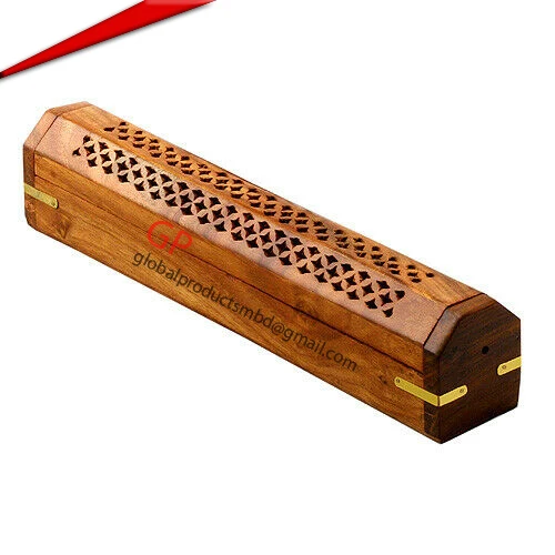 Crystal Customized Wood Sun & Moon Stick and Cone Incense Burner Enclosed Coffin Style Box  Bottom Storage