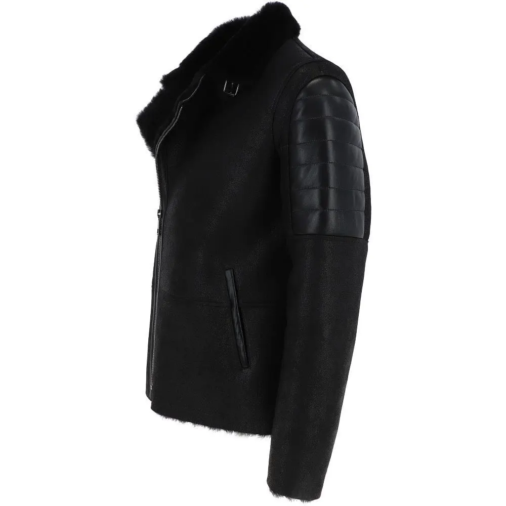  Мужская зимняя куртка-бомбер из натуральной кожи с меховым воротником/декоративная куртка Натуральной Черной Кожи/Новейшая Стильная мужская мехом