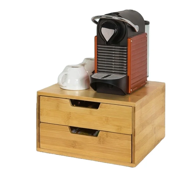 Bamboo Coffee Pod Board Teabags Tea Leaves Storage Case Coffee Machine Stand Organizer with 2 Easy To Handle Drawers