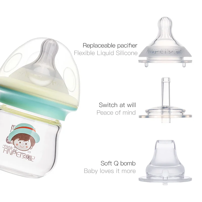 Wholesale custom baby products without Bpa silicone pacifiers high borosilicate glass bottles